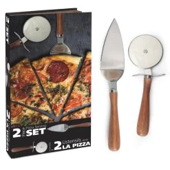 Natural Living Pizza Serving Set With Pizza Wheel & Server, Acacia Wood